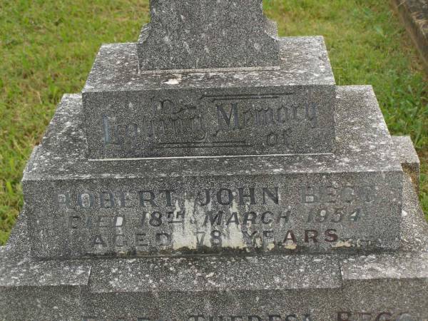 Robert John BEGG,  | died 18 March 1954 aged 78 years;  | Mary Josephine HOGAN,  | Ellen Theresa BEGG,  | died 12 March 1971;  | Murwillumbah Catholic Cemetery, New South Wales  | 