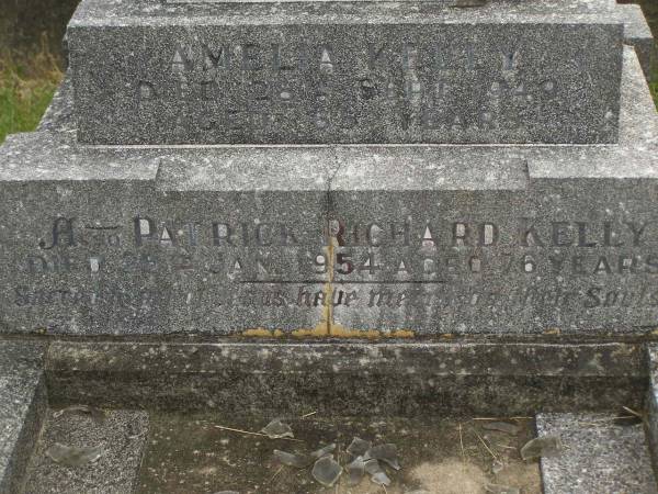 Amelia KELLY,  | died 28 Sept 1949 aged 65 years;  | Patrick Richard KELLY,  | died 25 Jan 1954 aged 76 years;  | Murwillumbah Catholic Cemetery, New South Wales  | 