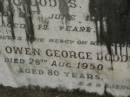 
Cissy,
wife of O. DOODS,
died 20 June 1913 aged 42 years;
Owen George DOODS,
died 28 Aug 1950 aged 80 years;
Murwillumbah Catholic Cemetery, New South Wales
