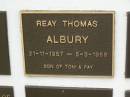 
Reay Thomas ALBURY,
21-11-1957 - 5-3-1958,
son of Tom & Fay;
Murwillumbah Catholic Cemetery, New South Wales
