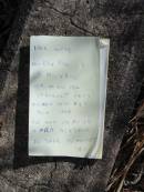 
J-MICHALL
B: 19 Aug 1827? 
D: 23 Jun 1884? 
66 years 10 months 
 
--------- 
Hier ruhe 
Der EheFrau 
J-MICHALL, 
Geboren den 
19 Aug 1827 
Gestorben den 23? Jun 1884 
Sie hat ihr alter 
o fur Achtauf 
66 Jahr 10 monat 

Mutdapilly general cemetery, Boonah Shire
