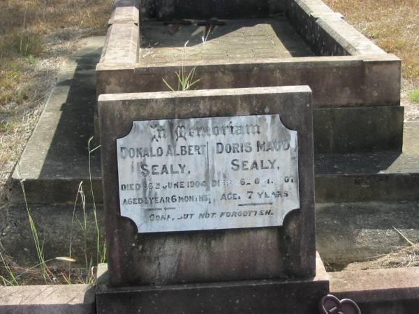 Donald Albert SEALY  | 26 Jun 1904  | aged 1 yr 6 months  |   | Doris Maud SEALY  | 26 Oct 1907  | aged 7 yrs  |   | Mutdapilly general cemetery, Boonah Shire  | 