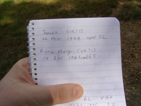 James CURTIS,  | died 22 Nov 1924 aged 52 years;  | Anna Mary CURTIS,  | died 18 Apr 192 aged 68 years;  | Nikenbah Aalborg Danish Cemetery, Hervey Bay  | 