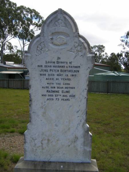 Jens Peter BERTHELSEN,  | died 13 May 1915 aged 61 years,  | husband father;  | Rasmine Eline,  | died 27 Aug 1932 aged 73 years,  | mother;  | Nikenbah Aalborg Danish Cemetery, Hervey Bay  | 