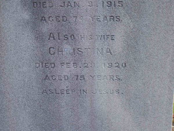 Peter P. BUNDESEN,  | died 9 Jan 1915 aged 74 years;  | Christina,  | died 29 Feb 1920 aged 75 years,  | wife;  | Nikenbah Aalborg Danish Cemetery, Hervey Bay  | 