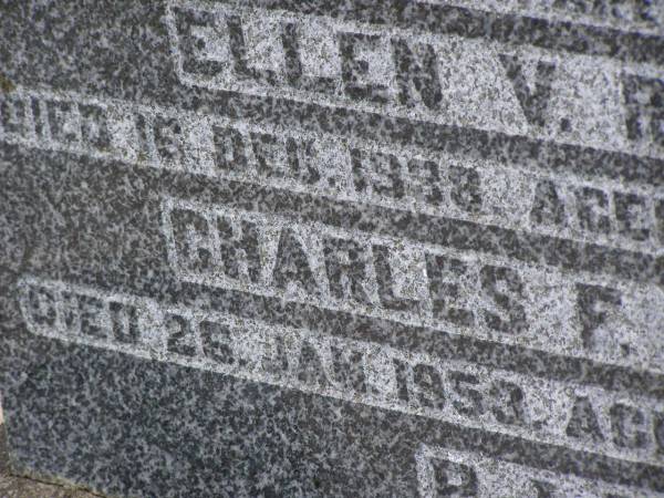 Ellen V. RYAN,  | died 16 Dec 1938 aged 54 years;  | Charles F. RYAN,  | died 26 Jan 1953 aged 71 years;  | parents;  | Nobby cemetery, Clifton Shire  | 