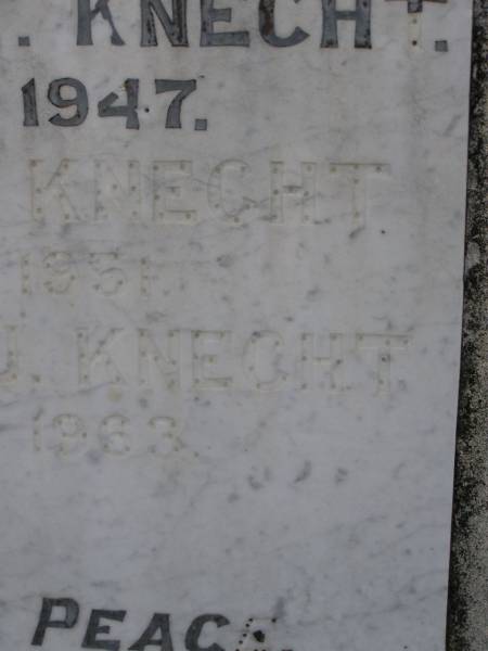 Laurence T. KNECHT,  | 1913 - 1947;  | Valentine KNECHT,  | 1861 - 1951;  | Adelaide J. KNECHT,  | 1873 - 1963;  | Nobby cemetery, Clifton Shire  | 
