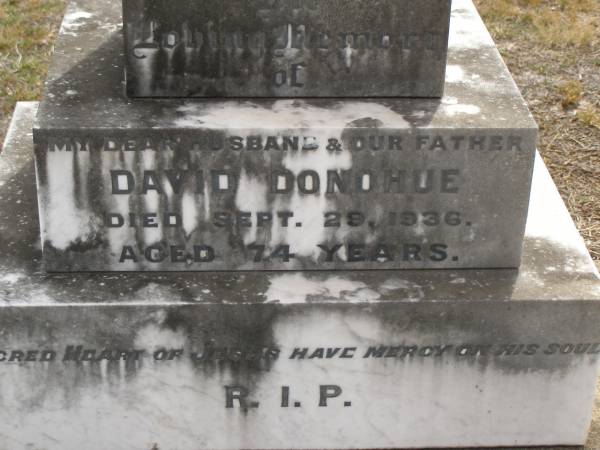 David DONOHUE,  | died 29 Sept 1936 aged 74 years,  | husband father;  | Johanna (Josie) Agnes DONOHUE,  | died 8 Nov 1923 aged 25 years,  | daughter;  | Mary DONOHUE,  | died 23 Feb 1953 aged 88 years,  | mother;  | Nobby cemetery, Clifton Shire  | 