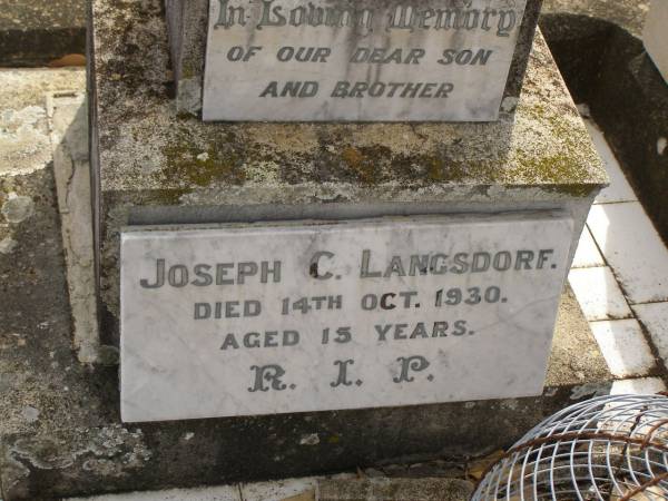 Joseph C. LANGSDORF,  | died 14 Oct 1930 aged 15 years,  | son brother;  | Nobby cemetery, Clifton Shire  | 