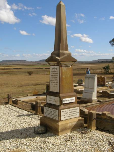 George FREE,  | born Hadstock Essex England 5 May 1839,  | died  Rose Valley  Nobby 19 July 1903,  | erected by wife & family;  | Sarah Jane FREE,  | born Tyrone Ireland,  | died  Rose Valley  Nobby 31 Dec 1923 aged 72 years;  | Benjamin E. FREE;  | Isaac James FREE,  | died  Milton  Nobby Aug 1914 aged 38 years;  | George Eli FREE,  | died  Walden  Nobby 19 May 1946 aged 72 years;  | Martha FREE,  | died  Walden  Nobby 1 Feb 1918 aged 42 years;  | Elsie Adeline FREE,  | 1903 - 1904;  | Nobby cemetery, Clifton Shire  | 