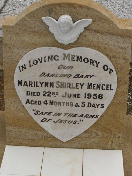 Marilynn Shirley MENGEL,  | died 22 June 1956 aged 4 months 5 days;  | Nobby cemetery, Clifton Shire  | 