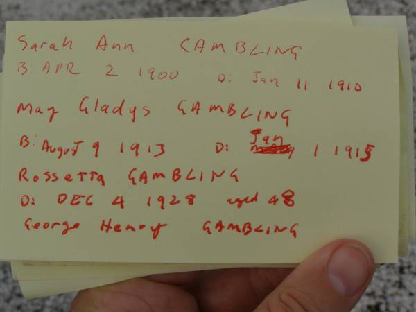 Sarah Ann GAMBLING,  | born 2 Apr 1900,  | died 11 Jan 1910;  | May Gladys GAMBLING,  | born 9 Aug 1913,  | died 1 Jan 1915;  | Rossetta (Rose) GAMBLING,  | died 4 Dec 1928 aged 48 years;  | George Henry GAMLBING;  | Nobby cemetery, Clifton Shire  |   | 