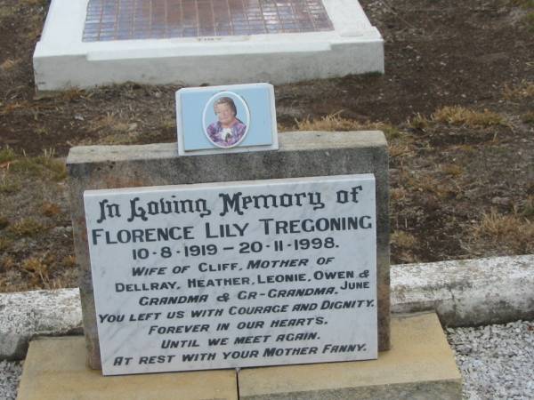 John Stanley BREEZE,  | son of James & Francis BREEZE,  | died 16 March 1915 aged 15 months;  | James BREEZE,  | died 20 Nov 1953 aged 76 years,  | husband father;  | Fanny F. BREEZE,  | died 23 July 1961 aged 80 years,  | mother;  | John Stanley BREEZE,  | died 17 Mar 1915;  | James Edward BREEZE,  | died 22 April 1980 aged 74 years;  | Florence Lily TREGONING,  | 10-8-1919 - 20-11-1998,  | wife of Cliff,  | mother of Dellray, Heather, Leonie, Owen & June,  | grandma great-grandma,  | with mother Fanny;  | Nobby cemetery, Clifton Shire  | 