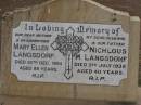 Mary Ellen LANGSDORF,
died 20 Dec 1994 aged 89 years,
mother grandmother;
Nichlous M. LANGSDORF,
died 5 July 1938 aged 40 years,
husband father;
Nobby cemetery, Clifton Shire