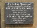 G.H. (Harry) HOLLOWAY,
died 12 Sept 1964 aged 86 years,
husband father;
K,M. (Kate) HOLLOWAY,
died 9 Jan 1994 aged 92 years,
wife mother;
Nobby cemetery, Clifton Shire