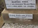 George FREE,
born Hadstock Essex England 5 May 1839,
died Rose Valley Nobby 19 July 1903,
erected by wife & family;
Sarah Jane FREE,
born Tyrone Ireland,
died Rose Valley Nobby 31 Dec 1923 aged 72 years;
Benjamin E. FREE;
Isaac James FREE,
died Milton Nobby Aug 1914 aged 38 years;
George Eli FREE,
died Walden Nobby 19 May 1946 aged 72 years;
Martha FREE,
died Walden Nobby 1 Feb 1918 aged 42 years;
Elsie Adeline FREE,
1903 - 1904;
Nobby cemetery, Clifton Shire