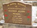 Heather Dianne MENGEL,
died 20 Aug 1969 aged 13 years,
daughter sister;
Nobby cemetery, Clifton Shire