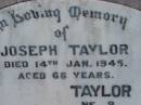 Joseph TAYLOR,
died 14 Jan 1945 aged 66 years;
?? TAYLOR,
?? June ?? aged 89 years;
Nobby cemetery, Clifton Shire