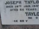 Joseph TAYLOR,
died 14 Jan 1945 aged 66 years;
?? TAYLOR,
?? June ?? aged 89 years;
Nobby cemetery, Clifton Shire