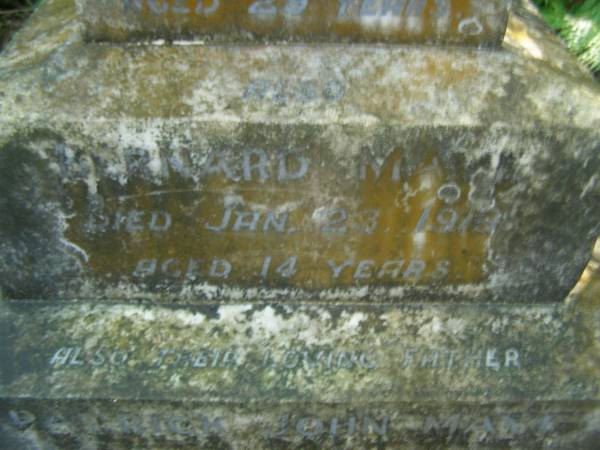 Daniel MAYE,  | killed in action France 5 Oct 1917 aged 29 years;  | Bernard MAYE,  | died 23 Jan 1919 aged 14 years;  | Patrick John MAYE,  | father,  | died 11 Nov 1920 aged 57 years;  | Thomas Patrick MAYE,  | died 26 July 1912 aged 37? years;  | North Tumbulgum cemetery, New South Wales  | 