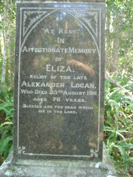 Eliza,  | wife of Alexander LOGAN,  | died 23 Aug 1911 aged 78 years;  | Christina Sarah,  | daughter of Alexander & Eliza LOGAN,  | died 12 April 1877 aged 2 years 7 months;  | Alexander LOGAN,  | died 15 Sept 1888 aged 58 years;  | North Tumbulgum cemetery, New South Wales  | 