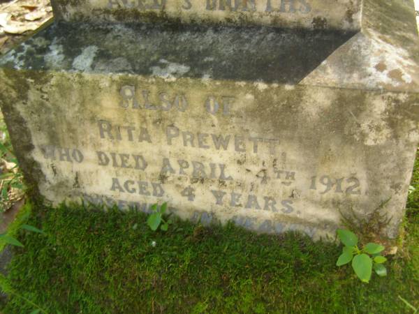 Edith Graham PREWETT,  | died 7 Dec 1902 aged 3 months;  | Rita PREWETT,  | died 4 April 1912 aged 4 years;  | North Tumbulgum cemetery, New South Wales  | 