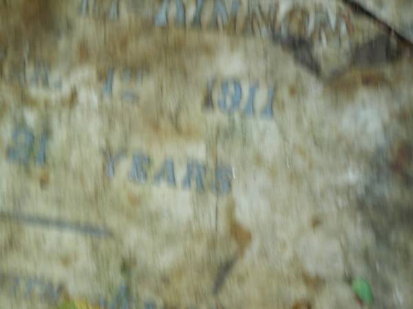 Ada Hilda,  | wife of Duncan MCKINNON,  | died 1 March 1911 aged 21 years;  | North Tumbulgum cemetery, New South Wales  | 