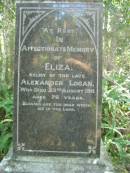 
Eliza,
wife of Alexander LOGAN,
died 23 Aug 1911 aged 78 years;
Christina Sarah,
daughter of Alexander & Eliza LOGAN,
died 12 April 1877 aged 2 years 7 months;
Alexander LOGAN,
died 15 Sept 1888 aged 58 years;
North Tumbulgum cemetery, New South Wales
