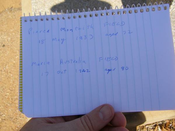 Pierce Monteith FIELD,  | Maria Australia FIELD,  | Cemetery,  | Nyngan, New South Wales  | 