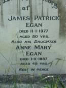 James Patrick EGAN,
died 11-1-1977 aged 80 years;
Anne Mary EDGAN, daughter,
died 1-11-1987 aged 45 years;
St James Catholic Cemetery, Palen Creek, Beaudesert Shire