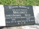 parents;
James Patrick MOLONEY,
born Beaudesert 1914 died 20-12-1996;
Delia MOLONEY,
born Co. Cork Eire 1908 died 16-10-1984;
St James Catholic Cemetery, Palen Creek, Beaudesert Shire