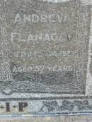 Catherine FLANAGAN,
died 14 Aug 1942 aged 57 years;
Andrew FLANAGAN,
died 27 Aug 1928 aged 57 years;
St James Catholic Cemetery, Palen Creek, Beaudesert Shire