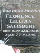 John Thomas SALISBURY, husband father,
died 24 Jan 1967 aged 79 years;
Florence Lillian SALISBURY, mother,
died 28 Jan 1980 aged 77 years;
St James Catholic Cemetery, Palen Creek, Beaudesert Shire