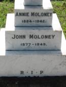 Annie MOLONEY,
1884 - 1942;
John MOLONEY,
1877 - 1949;
St James Catholic Cemetery, Palen Creek, Beaudesert Shire
