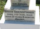 Brian SIDENSPINNER,
died 7 Aug 1946 aged 3 years 8 months;
St James Catholic Cemetery, Palen Creek, Beaudesert Shire