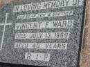 Vincent F. WARD, son brother,
died 13 July 1969 aged 40 years;
St James Catholic Cemetery, Palen Creek, Beaudesert Shire