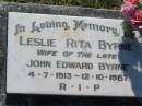 Leslie Rita BYRNE, wife of late John Edward BYRNE,
4-7-1913 - 12-10-1987;
St James Catholic Cemetery, Palen Creek, Beaudesert Shire