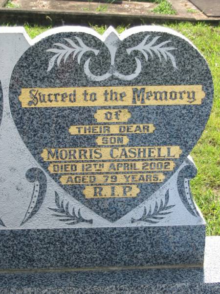 Maurice CASHELL, husband father,  | died 27 Dec 1956 aged 56 years;  | Josephine CASHELL, wife mother,  | died 27 June 1999 aged 99 years 5 months;  | Morris CASHELL, son,  | died 12 April 2002 aged 79 years;  | St James Catholic Cemetery, Palen Creek, Beaudesert Shire  | 