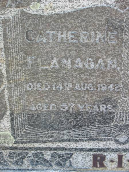 Catherine FLANAGAN,  | died 14 Aug 1942 aged 57 years;  | Andrew FLANAGAN,  | died 27 Aug 1928 aged 57 years;  | St James Catholic Cemetery, Palen Creek, Beaudesert Shire  | 