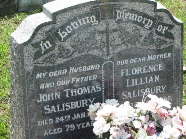 John Thomas SALISBURY, husband father,  | died 24 Jan 1967 aged 79 years;  | Florence Lillian SALISBURY, mother,  | died 28 Jan 1980 aged 77 years;  | St James Catholic Cemetery, Palen Creek, Beaudesert Shire  | 