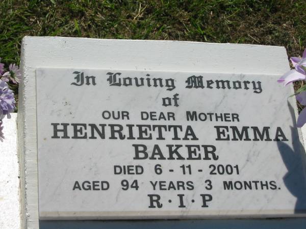 Henrietta Emma BAKER,  | died 6-11-2001 aged 94 years 3 months;  | St James Catholic Cemetery, Palen Creek, Beaudesert Shire  | 