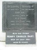 
Sarah wife of H.C. HART, died 13 May 1035 aged 64 years, wife mother;
Henry Charles HART, died 3 July 1961 aged 91 years, father;
Parkhouse Cemetery, Beaudesert
