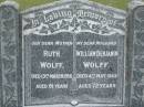 
Ruth WOLFF, died 13 Mar 1956 aged 81 years, mother;
William Benjamin WOLFF, died 4 May 1943 aged 72 years, husband;
Parkhouse Cemetery, Beaudesert
