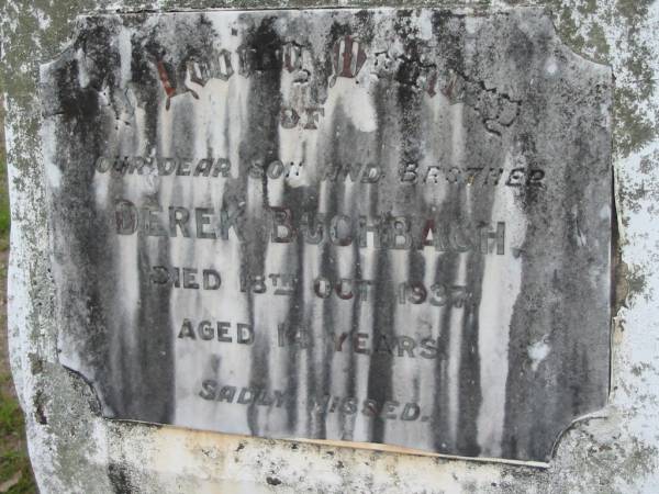 Derek BUCHBACH, died 18 Oct 1937 aged 14 years, son brother;  | Parkhouse Cemetery, Beaudesert  | 
