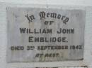 
William John EMBLIDGE; 3 Sep 1947
Peachester Cemetery, Caloundra City
