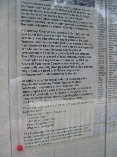 Click to <a href= Noticeboard.html >read the noticeboard</a>;  | Peachester Cemetery, Caloundra City  |   | 