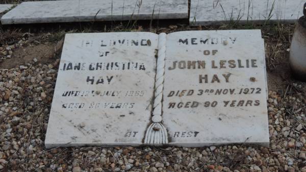 Jane Christina HAY  | d: 12 Jul 1965, aged 86  |   | John Leslie HAY  | d: 3 Nov 1972  |   | Peak Downs Memorial Cemetery / Capella Cemetery  | 
