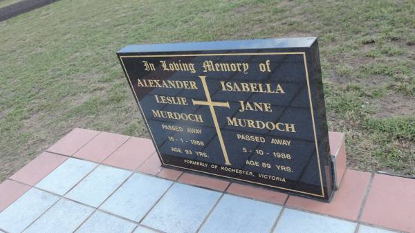 Alexander Leslie MURDOCH  | d: 15 Jan 1986 aged 93  |   | Isabella  Jane MURDOCH  | d: 5 Oct 1986 aged 89  |   | formerly of Rochester Victoria  |   | Peak Downs Memorial Cemetery / Capella Cemetery  | 