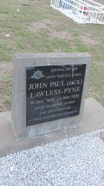 John Paul LAWLESS-PYNE (Jack)  | b: 10 Jan 1920  | d: 4 May 2000  |   | Peak Downs Memorial Cemetery / Capella Cemetery  | 