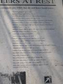 OSBORNE, George d: approx 1880
PAULSON, John d 10.7.1940 aged 73
PAULSON, Petronella d: 26.11.1947 (lived at American River)
SAWYER, Rose (Mrs) d: approx 1967 aged 83
SEYMOUR, Joseph d: 11.10.1946 aged 89 (grandson of Nat Thomas)
SEYMOUR, William d: approx 1878 (husband of Mary nee Thomas)
SIMPSON, Hannah d approx 1904 aged 65 (daughter of Nat Thomas)
SIMPSON, Joyce
SIMPSON, Thomas (Snr) d. approx 1904 aged 85, (husband of Hannah)
SIMPSON, William Valentine d. 3.10.1936
TAIT, Nellie (daughter of Peter Tait)
TAPLEY, Capt. Richard arr S.A. 1840
TAPLEY, John (skipper of cutter Albatross) d. 23.1.1869
TAYLOR, d. approx 1909 aged 5 (son of J.T. Taylor)
THOMAS, Mary d: 12.12.1960
TRAVERS, William (Bill) d. Feb 1909 (Stonemason on KI approx 30 years)
TRETHEWEY, Bruce d: 5.3.1909 aged 4
WHITE, Frank George d. Jun 1918 (lived in American River)
WILLSON, Ann Ethel d. 29.3.1979 aged 89 (wife of Ernest)
WILLSON, Elizabeth Lille
WILLSON, Ellen d: 1.4.1906 (wife of Thomas snr)
WILLSON, Jean Mary d: 7.5.1982 age approx 72
WILLSON, Katie d: 23.5.1886 (wife of Martin)
WILLSON, Zulieme Jane d: 21.9.1916 age approx 12 (daughter of C.D. WILLSON)
Penneshaw Cemetery